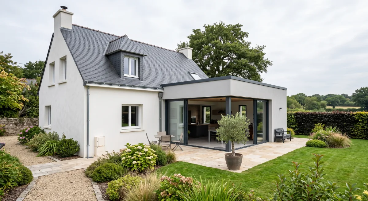 Extension à toit plat sur une maison bretonne, ouverte sur le jardin