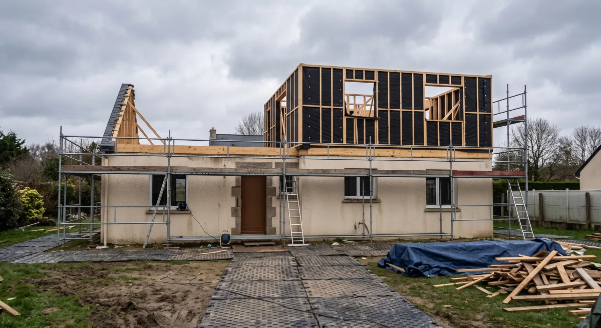 Surélévation en ossature bois en cours sur une maison de plain-pied, charpente déposée