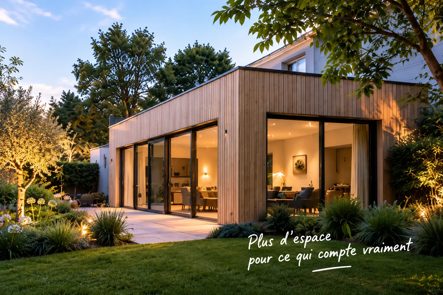 Extension ossature bois &agrave; toit plat et bardage vertical, larges baies vitr&eacute;es &eacute;clair&eacute;es ouvertes sur le jardin &agrave; la tomb&eacute;e du jour