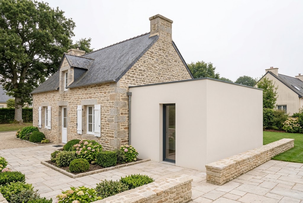 Extension contemporaine sobre accolée à une maison ancienne en pierre