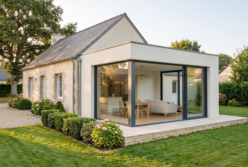Extension maçonnée avec grande baie vitrée ouvrant sur un jardin