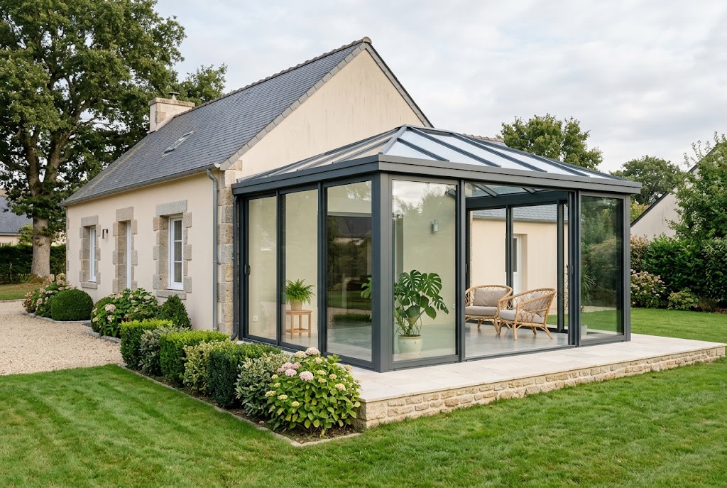 Véranda à ossature aluminium accolée à une maison individuelle, toiture vitrée