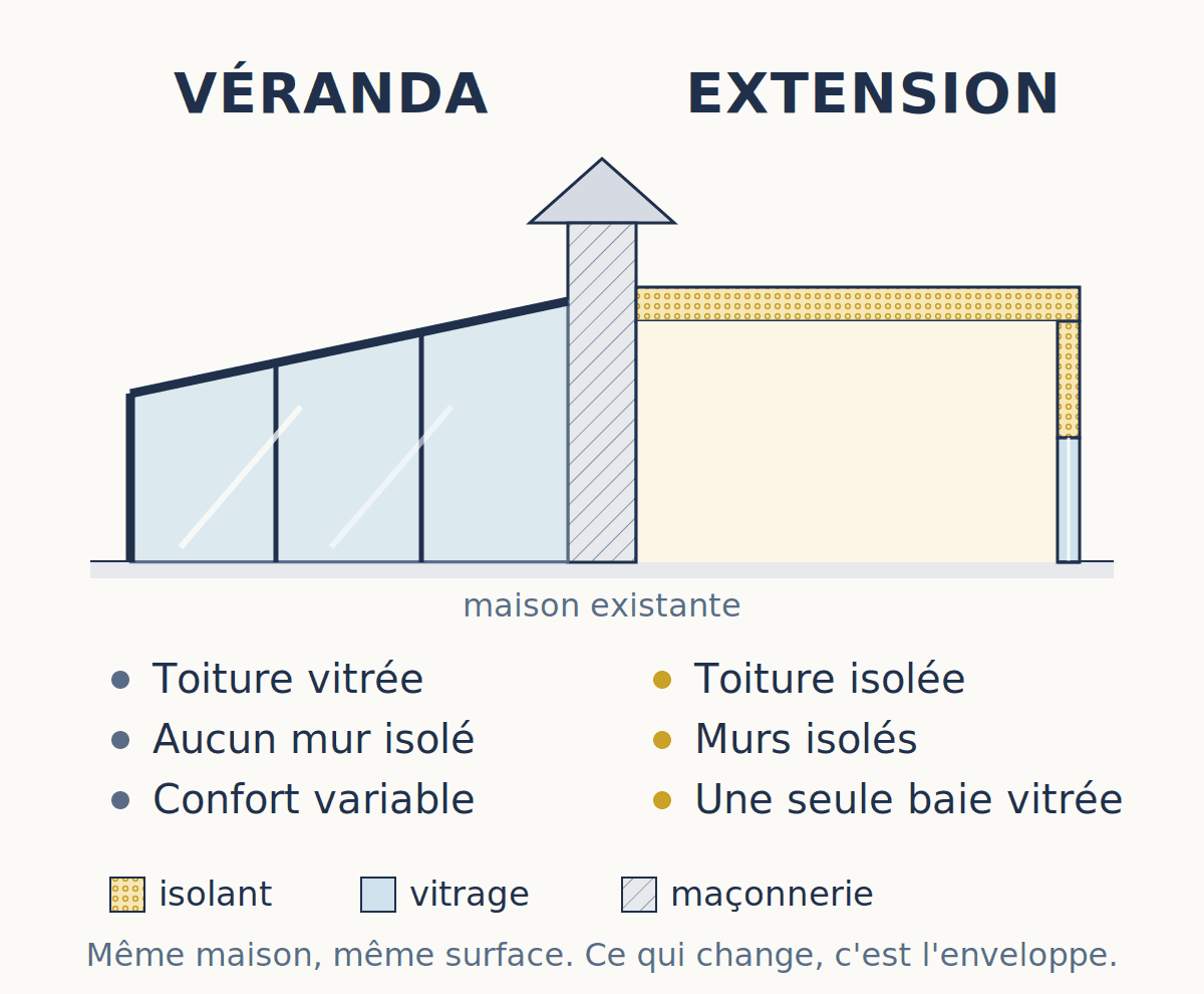 Coupe comparative d’une véranda et d’une extension au droit du raccordement à la maison